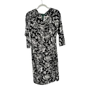 Lauren Ralph Lauren Black White Floral Faux Wrap Dress Career Work Womens 12